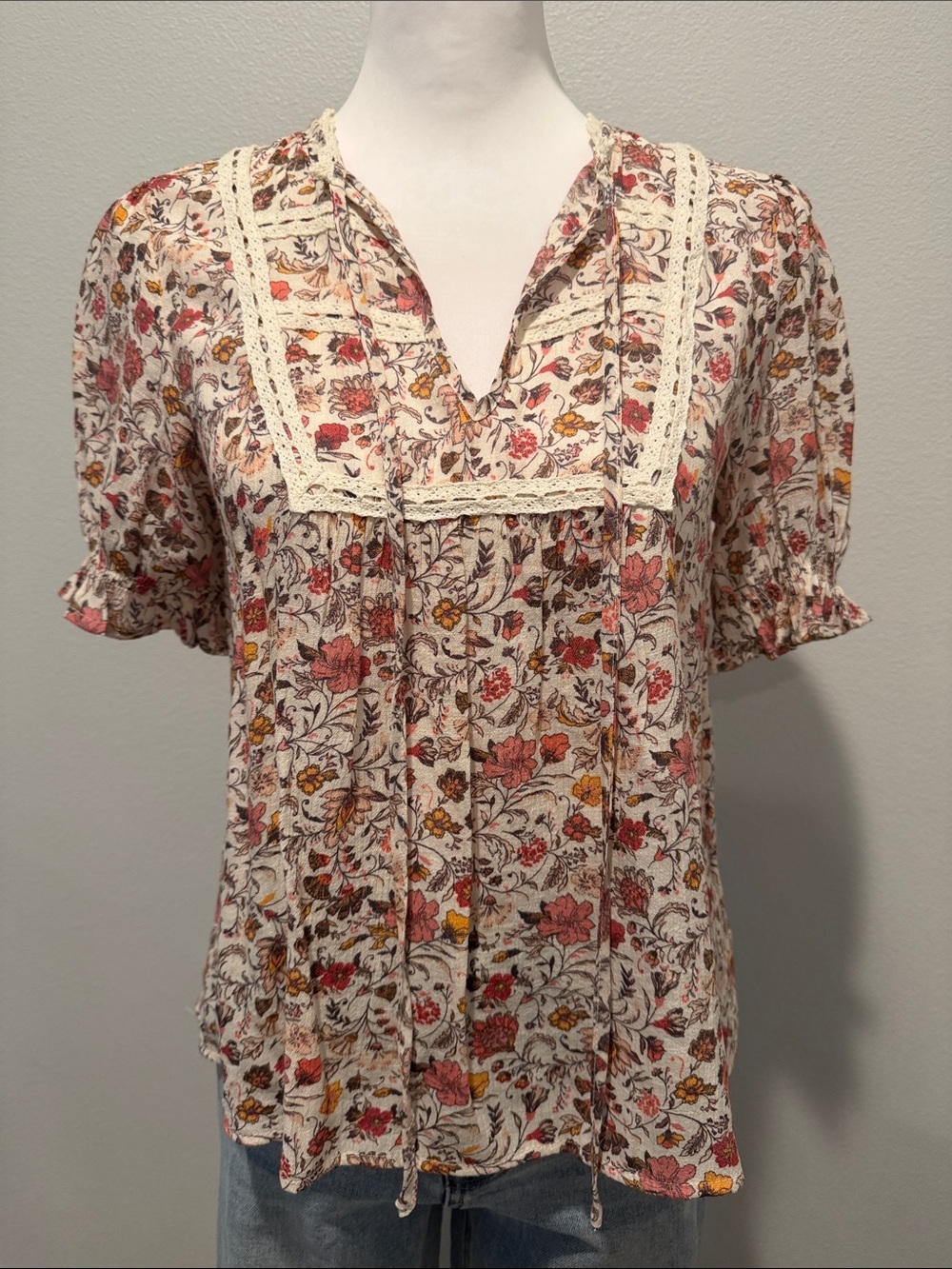 mine Boho Floral Lace-Trim Peasant Top in Cream, Pink, and Rust
